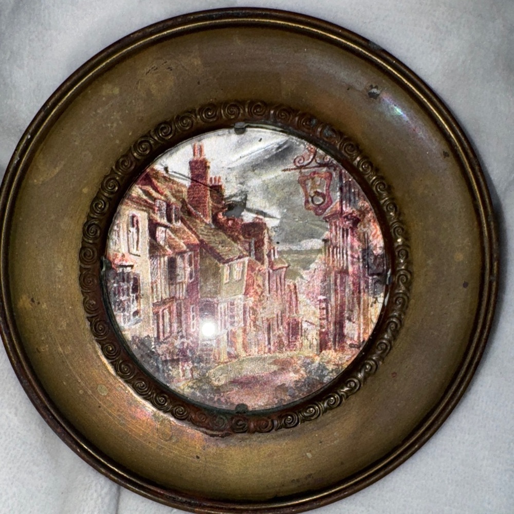 "Rare Find: Excellent Condition 5 1/2\" Vintage Foil Art in Ornate Brass Frame"